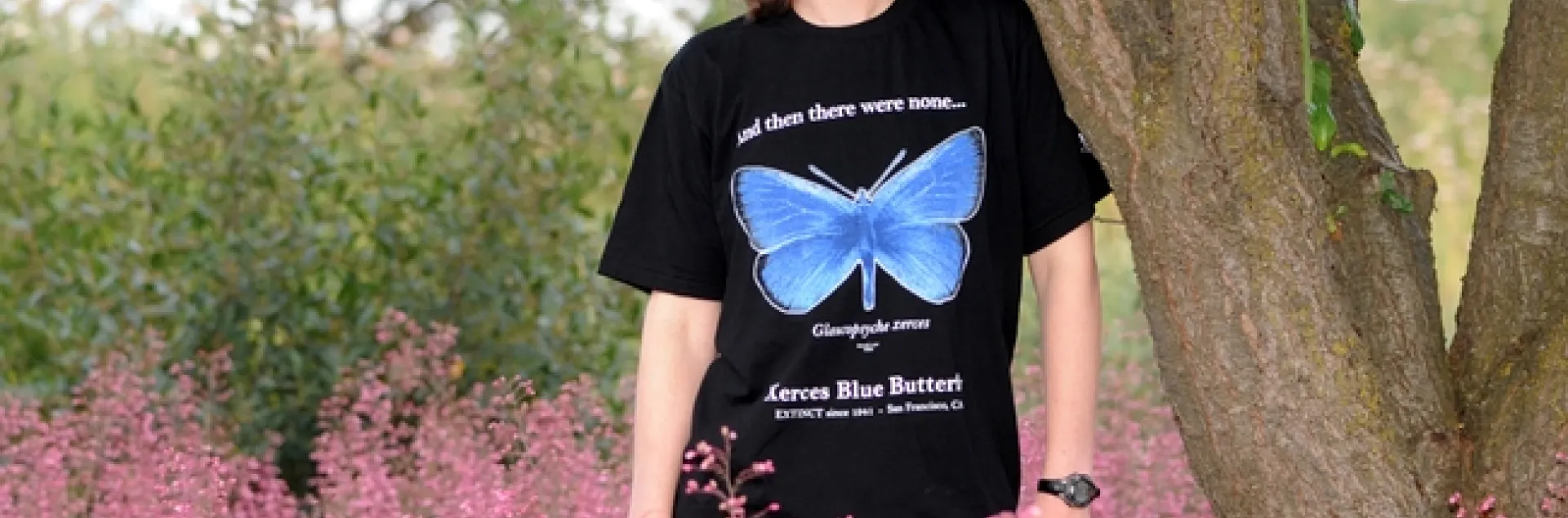 Tabatha Yang, outreach and education coordinator at the Bohart Museum, wearing a Xerces Blue Butterfly shirt. (Photo by Kathy Keatley Garvey)