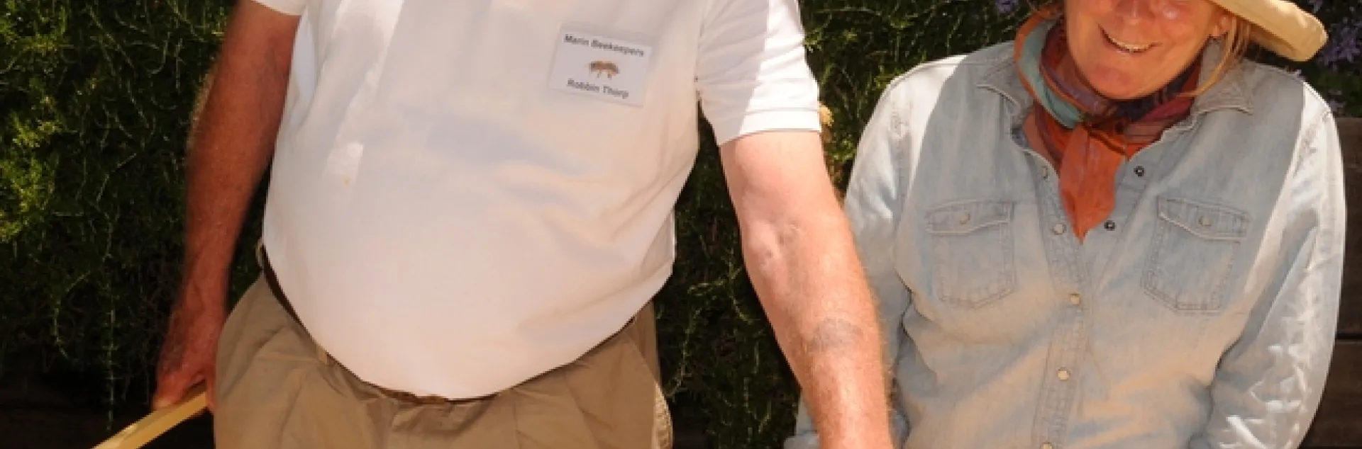 Robbin Thorp, emeritus professor of entomology at UC Davis, shows UC master gardener Kathy Ziccardi a collection of his native bees. (Photo by Kathy Keatley Garvey)
