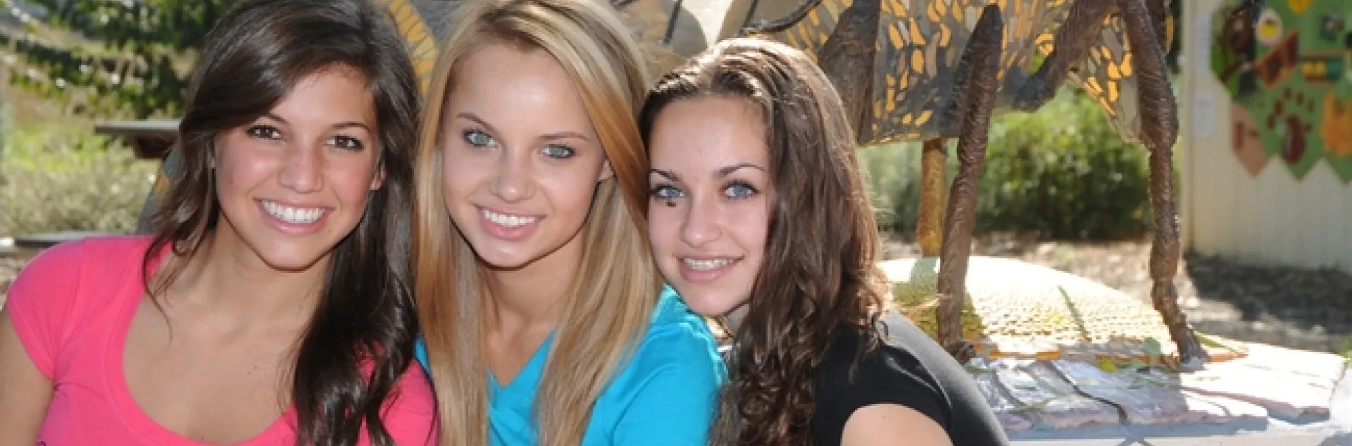 Honeybee Trio is comprised of (from left) Karli Bosler, 16; Natalie Angst, 16, and Sarah McElwain, 15. In back is Donna Billick's bee sculpture. (Photo by Kathy Keatley Garvey)