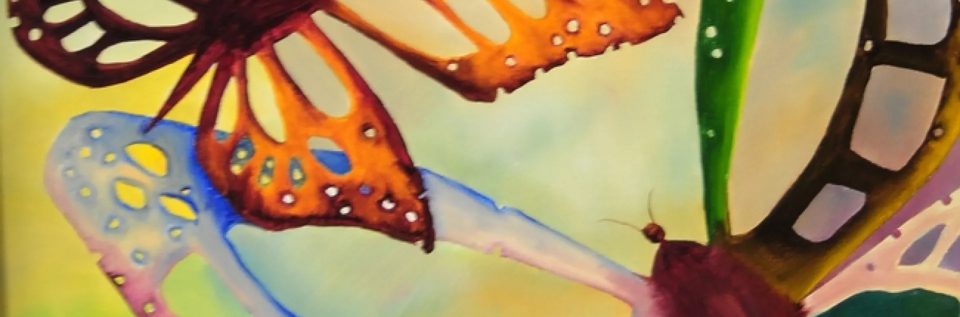 This butterfly painting, in the Fine Arts and Photography Building, is the work of retired teacher Ethel Calvello of Dixon. (Photo by Kathy Keatley Garvey)