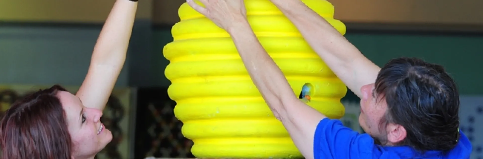 Elisa Seppa (left), superintendent of McCormack Hall, Solano County fFair and assistant superintendent Gloria Gonzalez work on a skep display. (Photo by Kathy Keatley Garvey)