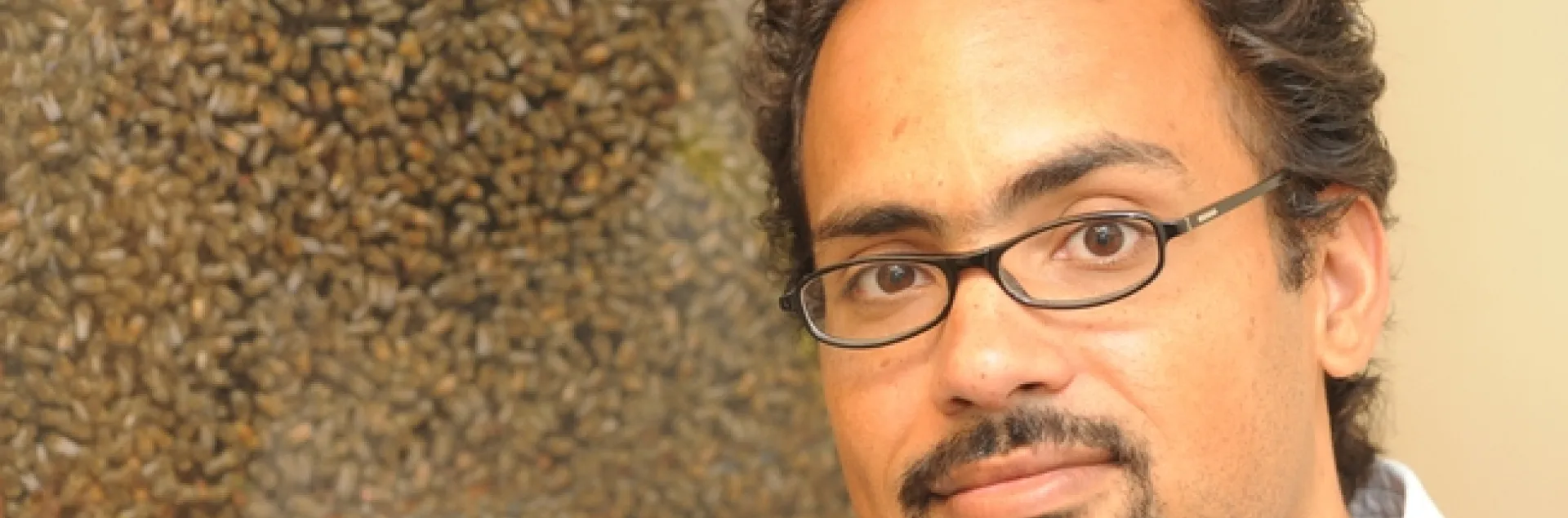 Bee scientist Brian Johnson of the UC Davis Department of Entomology in front of an observation hive. (Photo by Kathy Keatley Garvey)