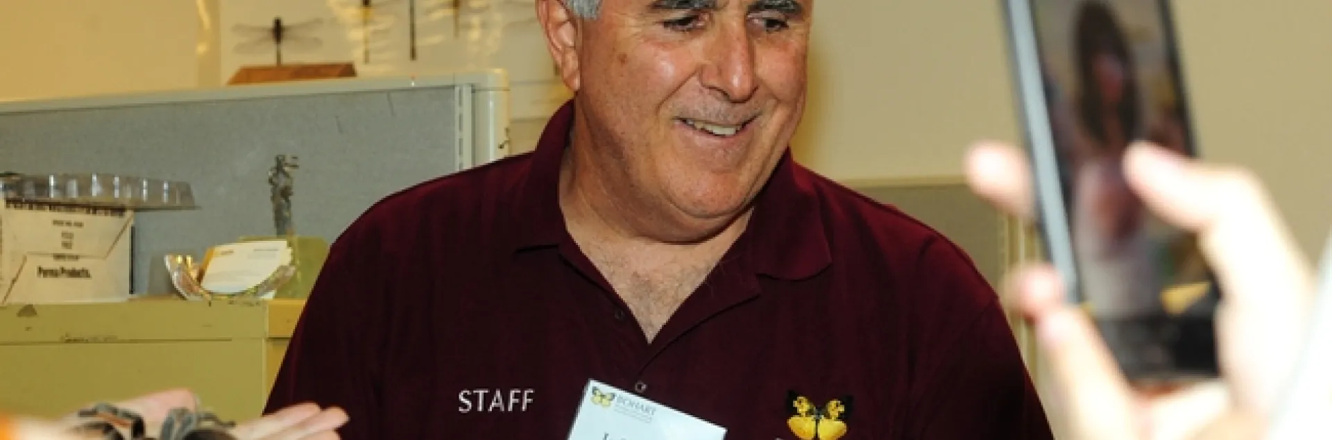 Entomologist Jeff Smith, associate at the Bohart Museum of Entomology, UC Davis, talks about a rose-haired tarantula at a Bohart open house. (Photo by Kathy Keatley Garvey)