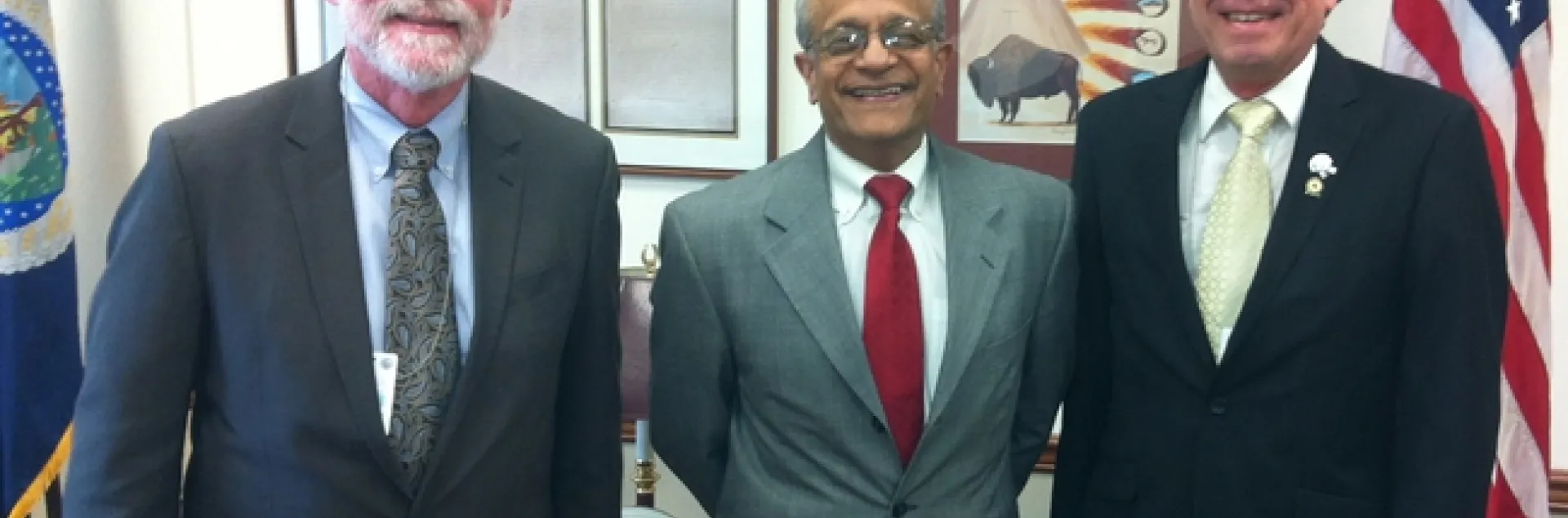 ESA vice president Frank Zalom (far right) of UC Davis with ESA president Robert Wiedenmann (far left) of the University of Arkansas, and Sonny Ramaswamy, director of the USDA’s National Institute of Food and Agriculture (NIFA). (Photo courtesy of ESA)