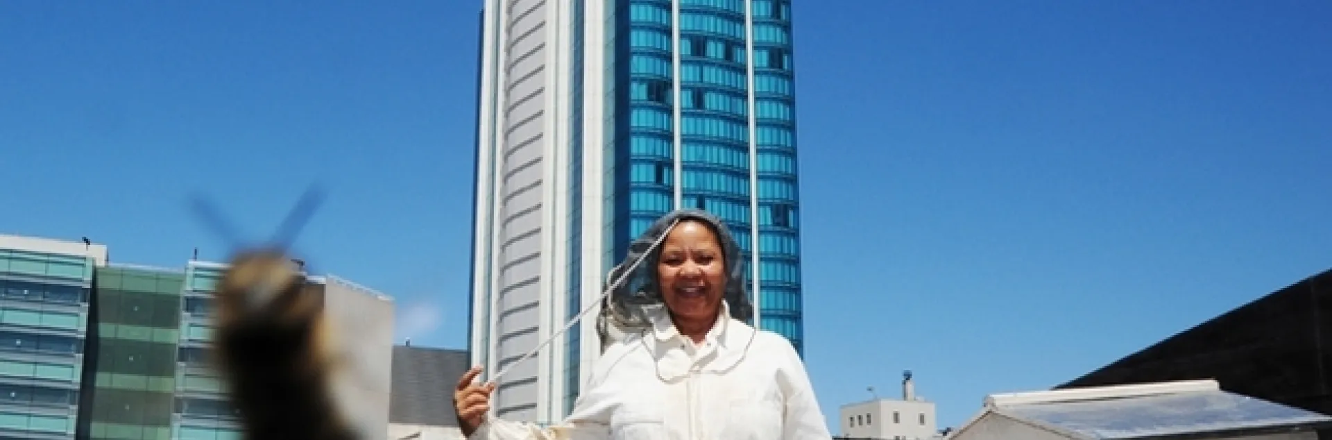 Queen Turner inspects the beekeeping operation on the rooftop of the San Francisco Chronicle. Turner completed a 10-month stay in the U.S. and returned to Botswana where she is head of the beekeeping section of the Ministry of Agriculture in the Botswana government. (Photo: Kathy Keatley Garvey)