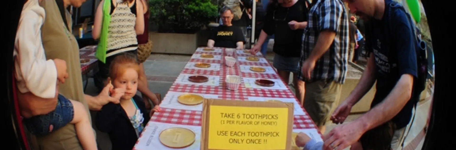 Fish-eye view of the honey tasting at Briggs Hall during the UC Davis Picnic Day. (Photo by Kathy Keatley Garvey)