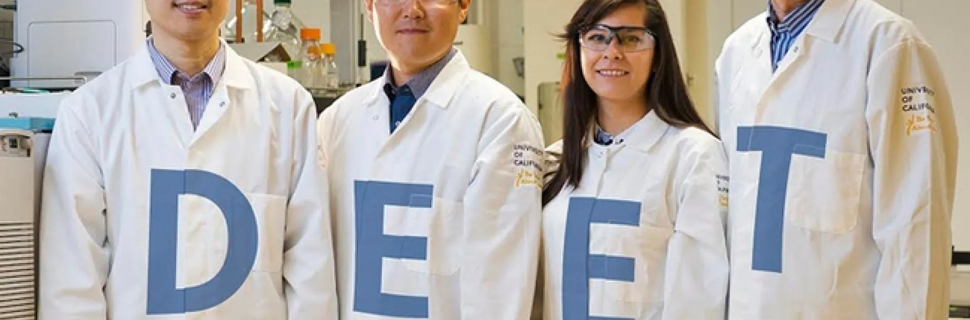 UC Davis scientists in the Walter Leal lab have discovered the odorant receptor in the Culex mosquito that repels DEET. From left are
project scientist Pingxi Xu; postdoctoral scholar Young-Moo Choo; AgChem graduate student Alyssa De La Rosa; and Professor Leal. (Photo credit: Academic Technology Services/Mediaworks)