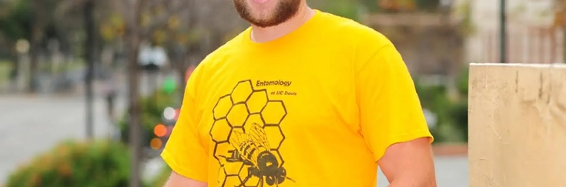 Graduate student Danny Klittich with his prize-winning design. (Photo by Kathy Keatley Garvey)