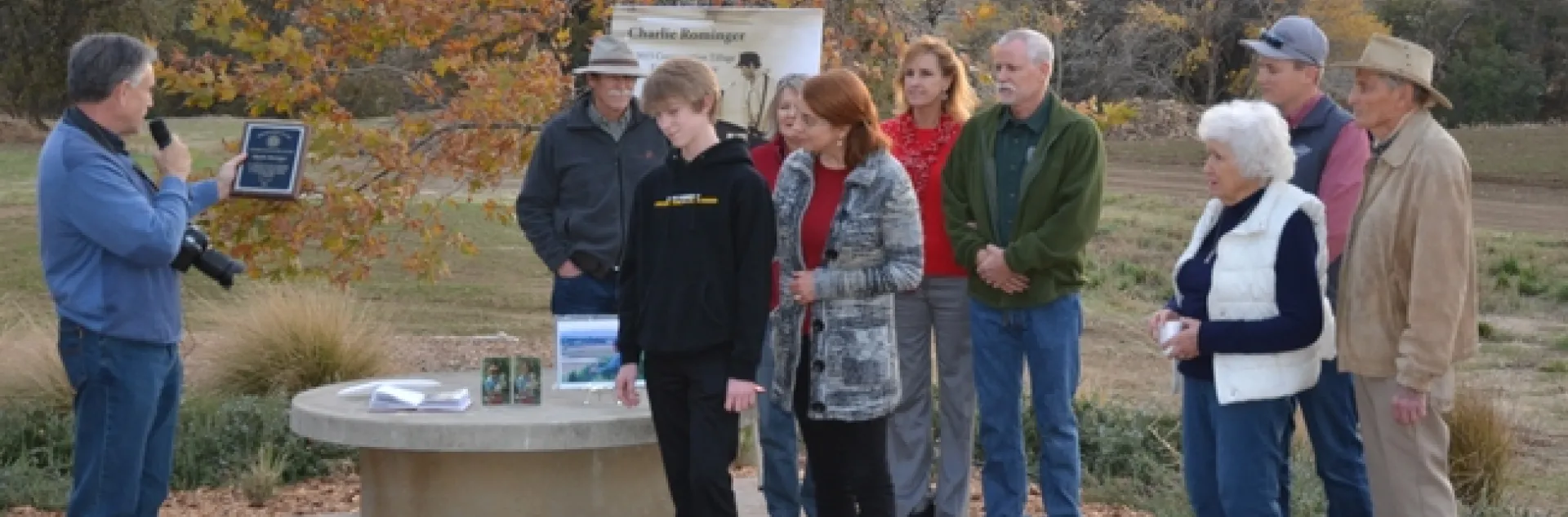 Phil Hogan, USDA NRCS Yolo County (left) presenting 2015 Conservation Tillage Farmer Innovator Award to family of Charlie Rominger, Winters, CA. December 2, 2015.