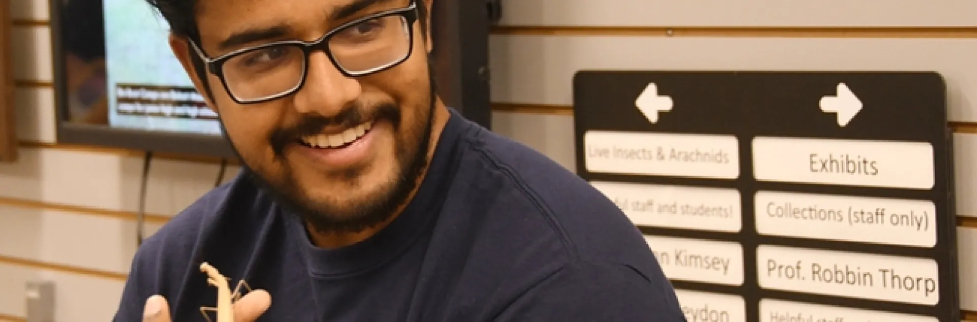 UC Davis entomology major Lohitashwa “Lohit” Garikipati showed his praying mantises at a Bohart Museum open house last September. He will be showing his collection on Saturday, Feb. 17 during the UC Davis Biodiversity Museum Day. (Photo by Kathy Keatley Garvey)
