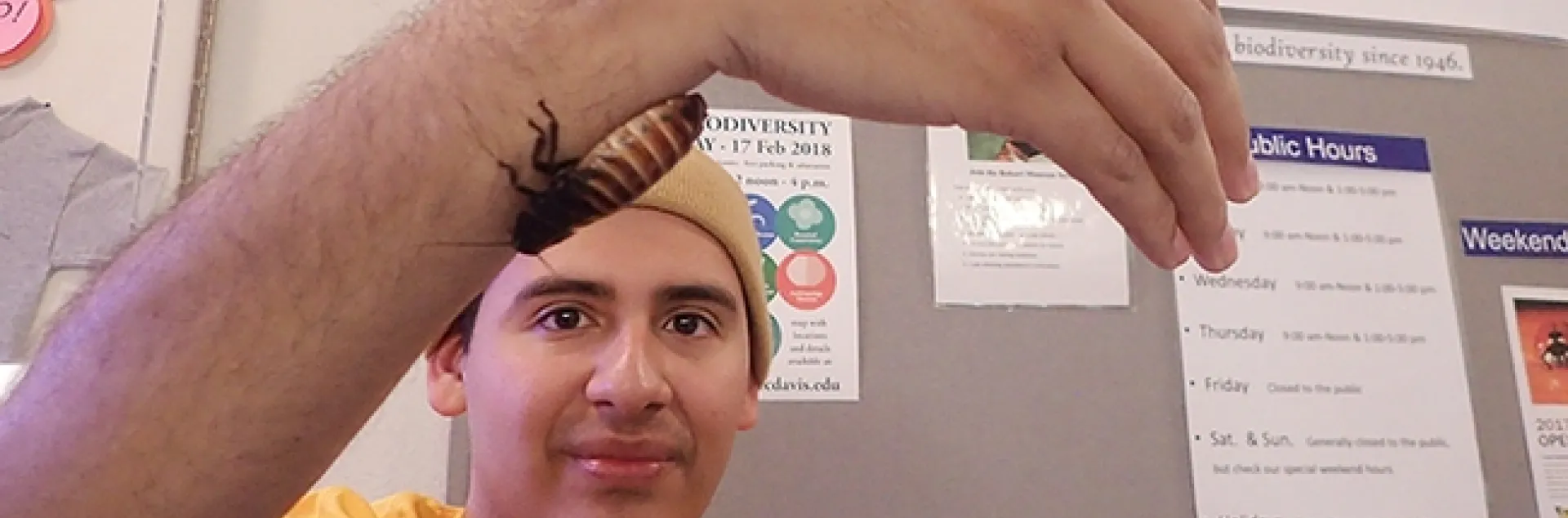 UC Davis student Diego Rivera shows a Madagascar hissing cockroach. (Photo by Kathy Keatley Garvey)