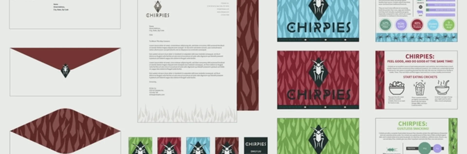 Graphic design examples by UC Davis student Emily Liu comprise her business system revolving around crickets: "Chirpies."