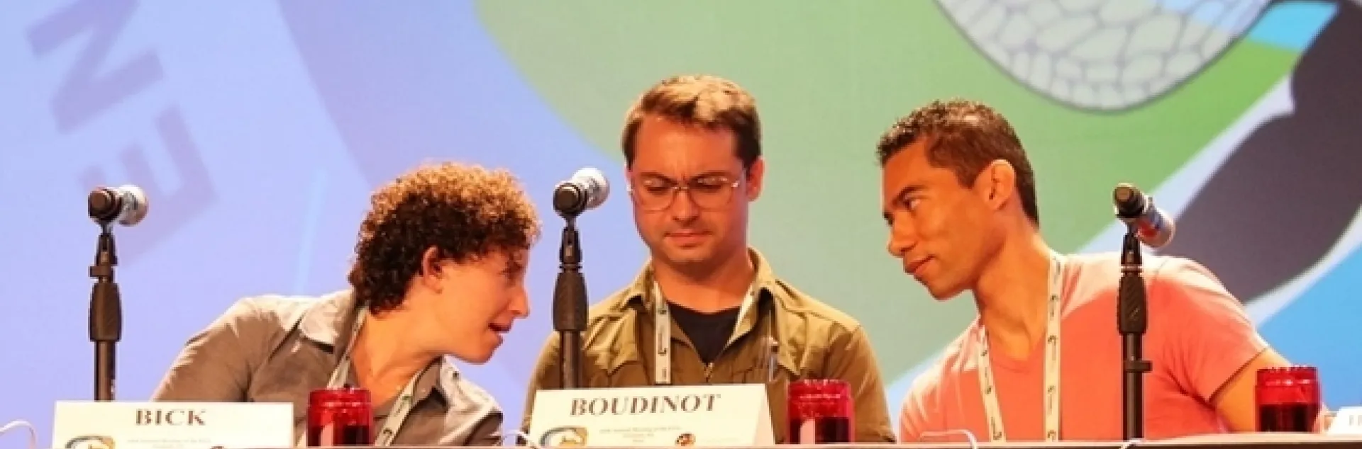 At the 2016 Championship Linnaean Games, team captain Ralph Washington Jr. (far right) consults wiith fellow team members Emily Bick and Brendon Boudinot. (Photo by Chuck Fazio)