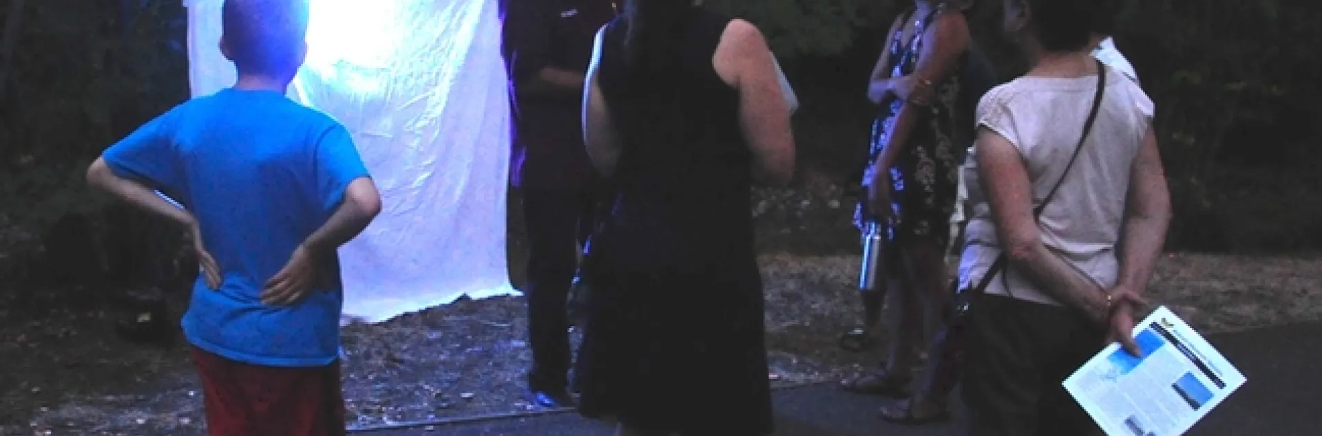 Standing in front of the blacklighting, Bohart associate Greg Kareofelas talks to moth enthusiasts at the 2017 Bohart Museum of Entomology Moth Night. (Photo by Kathy Keatley Garvey)