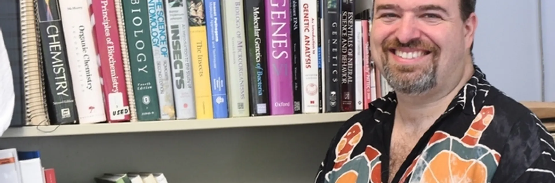 Medical entomologist Geoffrey Attardo in his office. (Photo by Kathy Keatley Garvey)