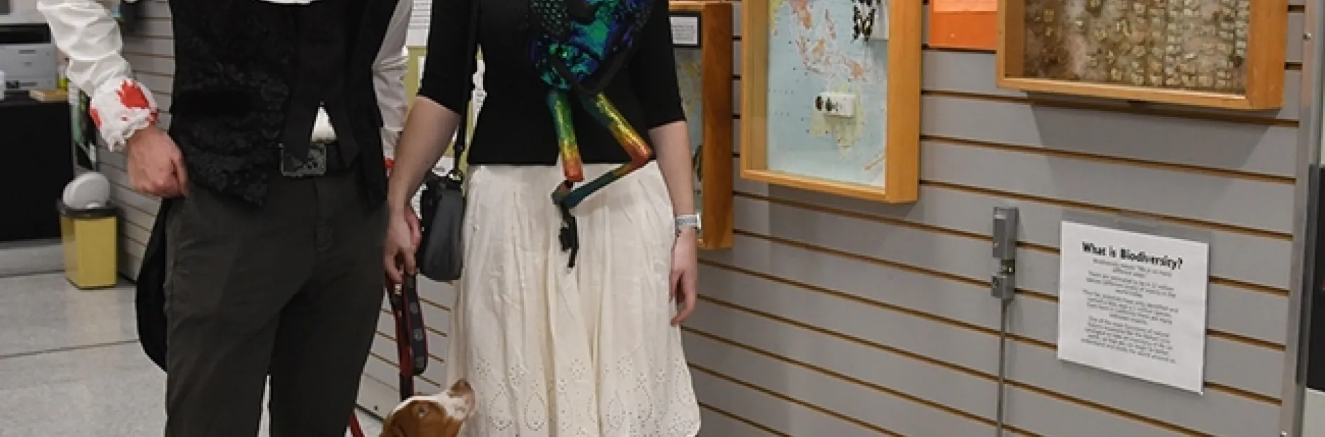 UC Davis entomology doctoral candidate Charlotte Herbert Alberts and her husband, George, pose with their Brittany Spaniel, Westley. (Photo by Kathy Keatley Garvey)