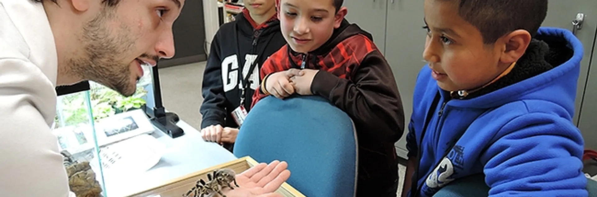Bohart associate/entomology student Wade Spencer shows Coco McFluffin to Bohart Museum visitors. (Photo by Kathy Keatley Garvey)