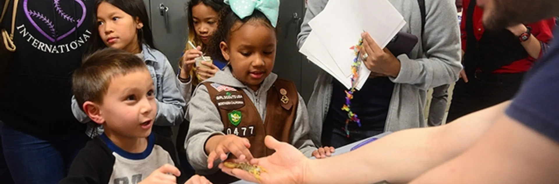 Logan Loss, 6, of Rocklin talks about scorpions to Bohart associate and scorpion scientist Wade Spencer. The kindergarten student is an avid scorpion enthusiast. Also pictured are members of the Vacaville Brownie Girl Scout Troop (from left) Jayda Navarette, Keira Yu and Kendl Macklin, front. (Photo by Kathy Keatley Garvey)