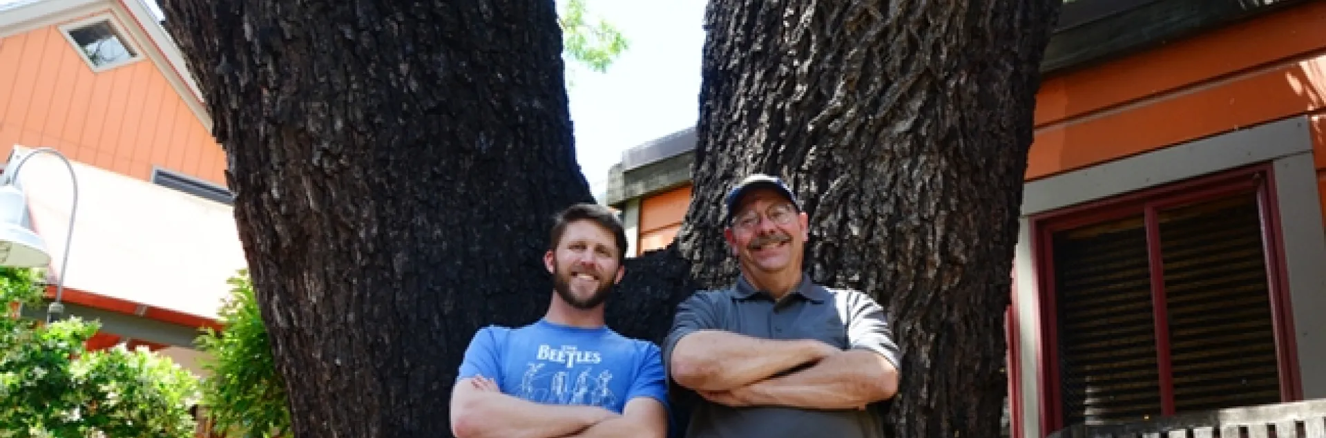 Jackson Audley (left) with major professor Steve Seybold in front of a dying black walnut tree on E St. in Davis. (Photo by Kathy Keatley Garvey)