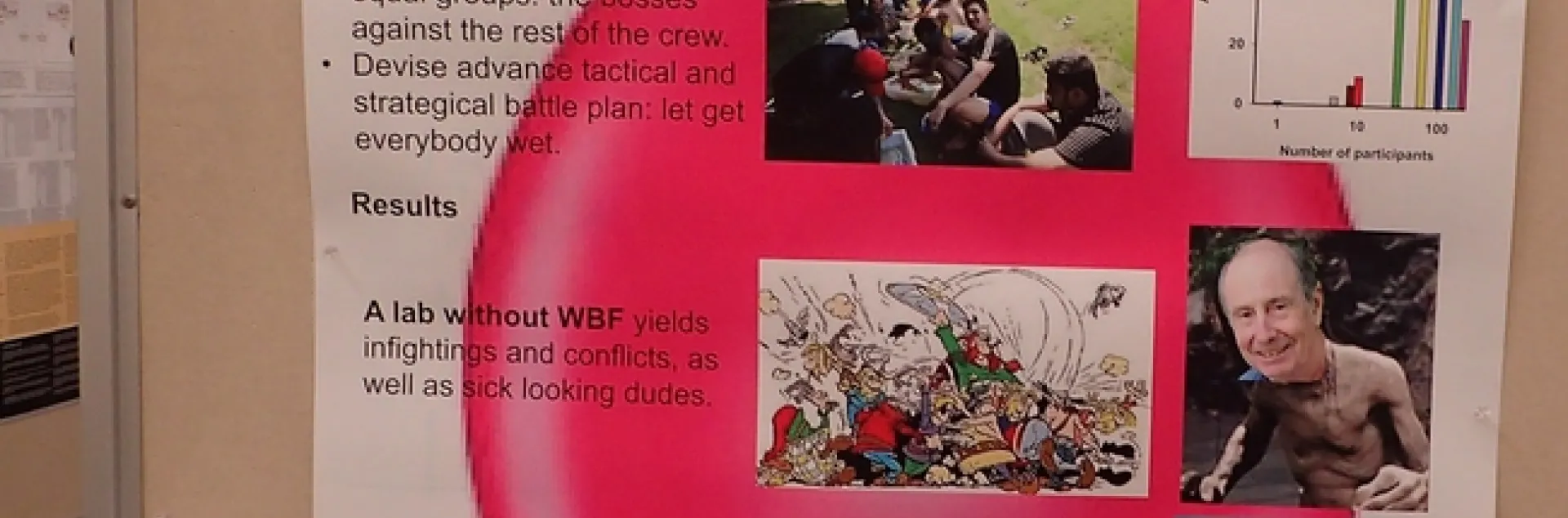 This is researcher Christophe Morisseau's water balloon battle poster, now on display in the Briggs Hall basement, outside his office. (Photo by Kathy Keatley Garvey)