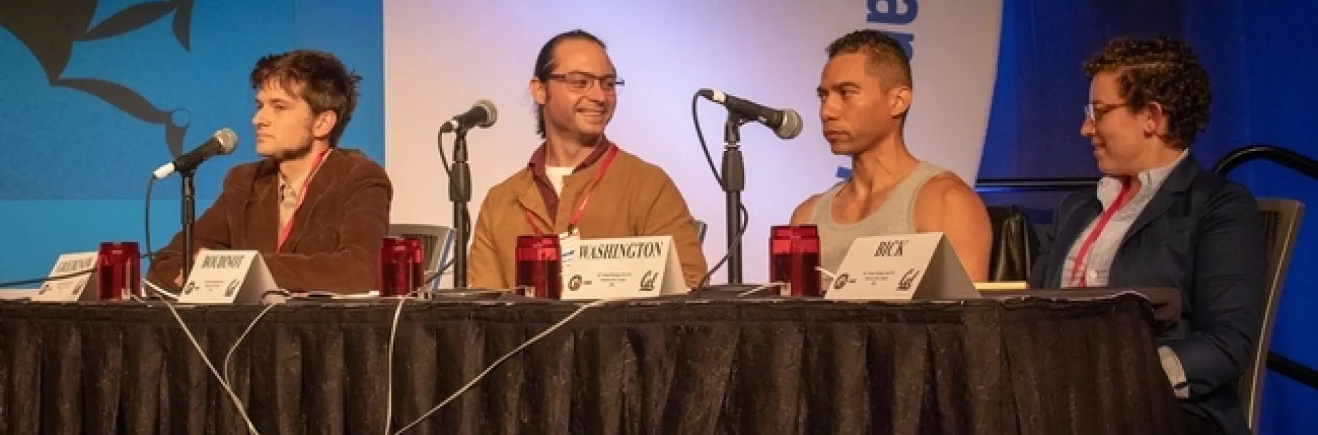 This is the University of California Linnaean Games Team competing at the 2018 meeting of the Entomological Society of America. From left are Zachary Griebenow and Brendon Boudinot of UC Davis, captain Ralph Washington Jr. of UC Berkeley, and Emily Bick of UC Davis. They won the national championship. (ESA Photo)