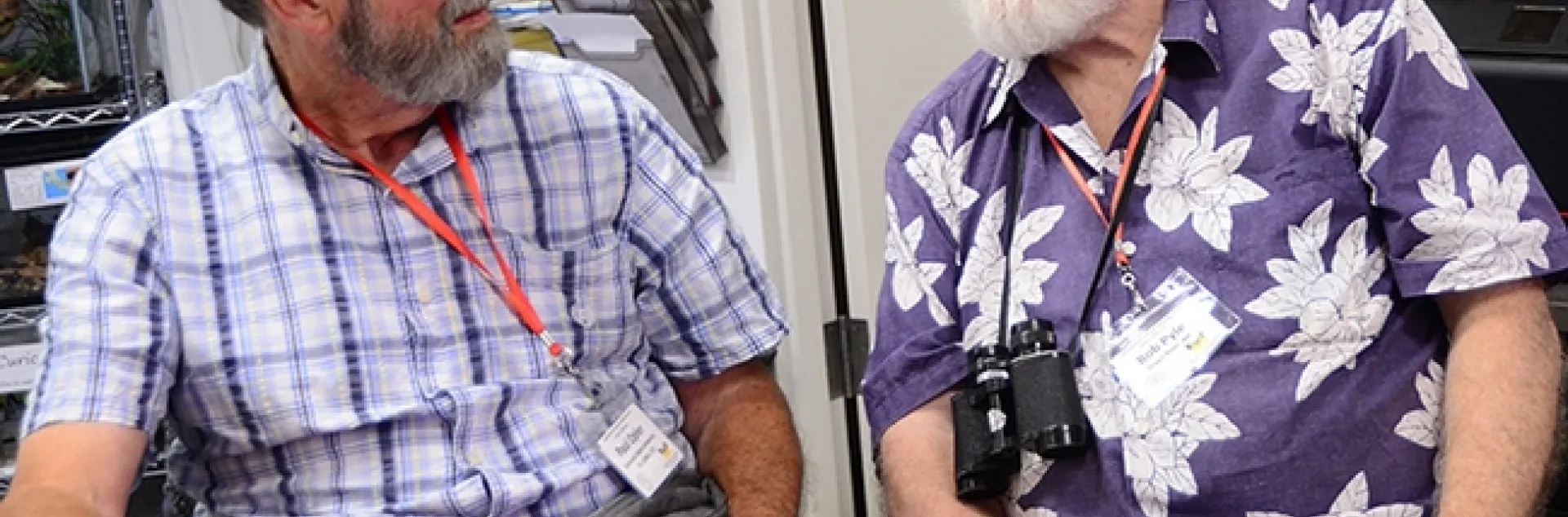 Legendary Lepidopterists Paul Opler (left), an octogenarian, and Robert Michael Pyle, a septuagenarian, chat during their visit to the Bohart Museum of Entomology. It was part of the Lepidopterists' Society's 68th annual conference. (Photo by Kathy Keatley Garvey)