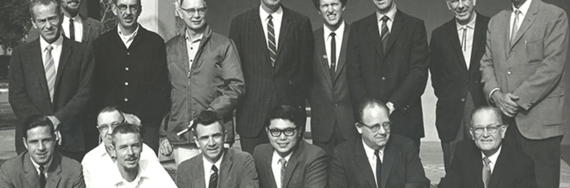 The UC Davis Department of Entomology, Feb. 3, 1970. In front (from left) are Dick Bushing, Frank Summers, Bob Schuster, Al Grigarick, Bob Washino, Harry Lange and Harry Laidlaw. In back (from left) are Charles Judson. Robbin Thorp, Vern Burton, Elmer Carlson, Oscar Bacon, Frank Strong, Don McLean, Ward Stanger and Ed Loomis. Among faculty not pictured: Stanley F. Bailey, R. M. Bohart, Warren R. Cothran, Norman Gary, G. A. H. McClelland, Howard McKenzie and Gene Stafford.