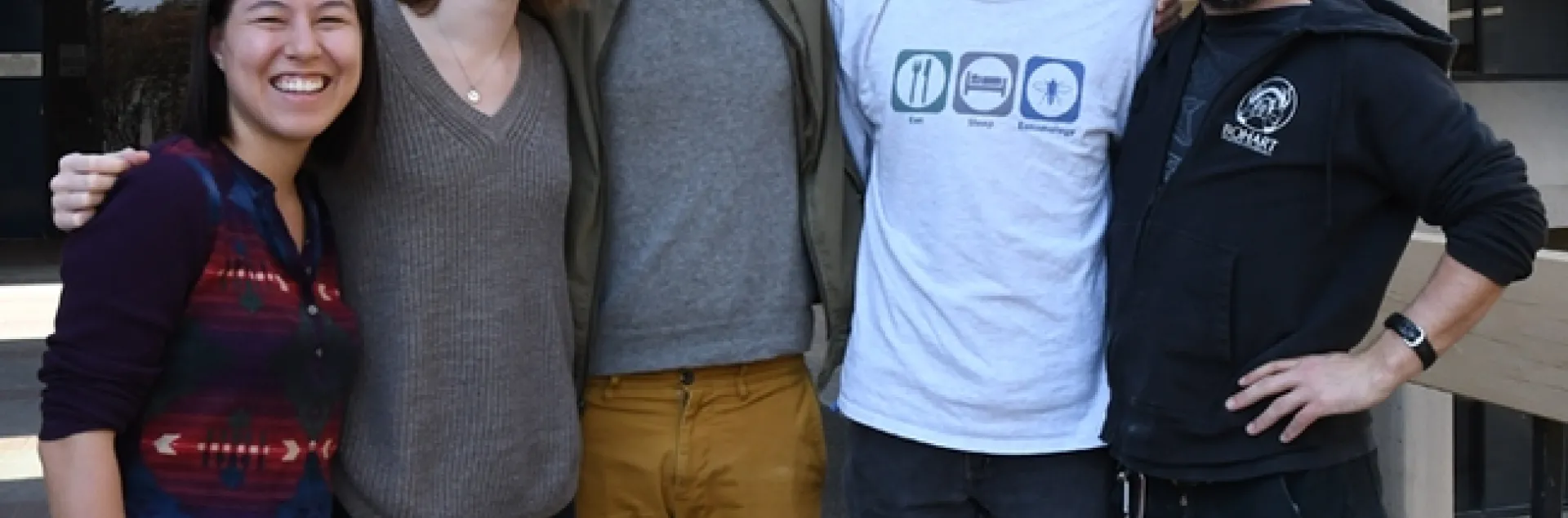 The UC Linnaean Games Team includes (from left) Hanna Kahl, Jill Oberski, Miles Dakin, Zach Griebenow and Brendon Boudinot, all in the doctoral program, UC Davis Department of Entomology and Nematology. Not pictured: captain Ralph Washington Jr., who received his bachelor's degree in entomology at UC Davis and is now a graduate student at UC Berkeley. (Photo by Kathy Keatley Garvey)