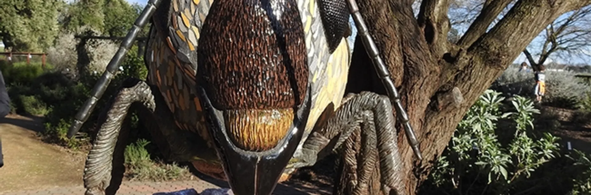 This is the ceramic-mosaic sculpture, "Miss Bee Haven," which anchors the Häagen-Dazs Honey Bee Haven on Bee Biology Road, UC Davis. It is the work of Davis-based artist Donna Billick. (Photo by Kathy Keatley Garvey)