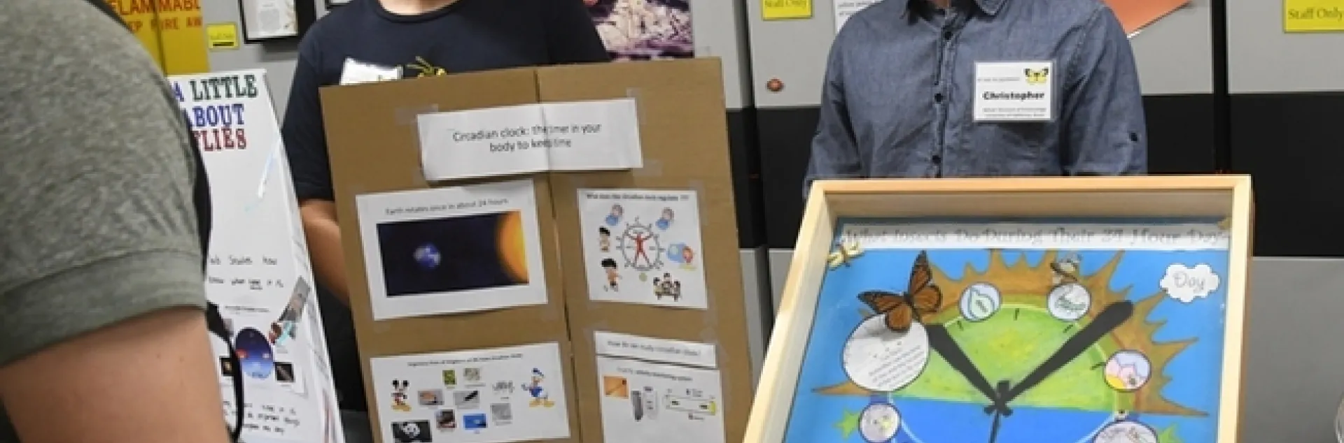 At last year's Bohart Museum open house on student research, graduate student Yao Cai (left) and undergraduate Christopher Ocoa, both of the Joanna Chiu lab, chatted with visitors about their fruit fly and monarch research. (Photo by Kathy Keatley Garvey)