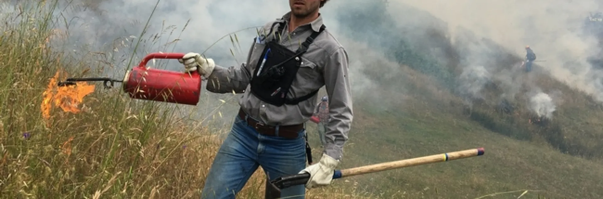 Shapero demonstrates prescribed burn. Since the Thomas Fire, prescribed fire has become more accepted as a technique to reduce vegetation and lessen the threat of catastrophic wildfire. Photo by by Robert Acquistapace