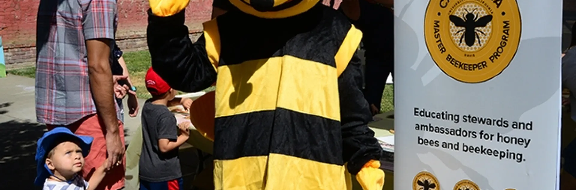 Miss Honey Bee (Wendy Mather, program manager of the California Master Beekeeper Program) waves at the crowd at the 2019 California Honey Festival, while a curious youngster wonders what this is all about. (Photo by Kathy Keatley Garvey)
