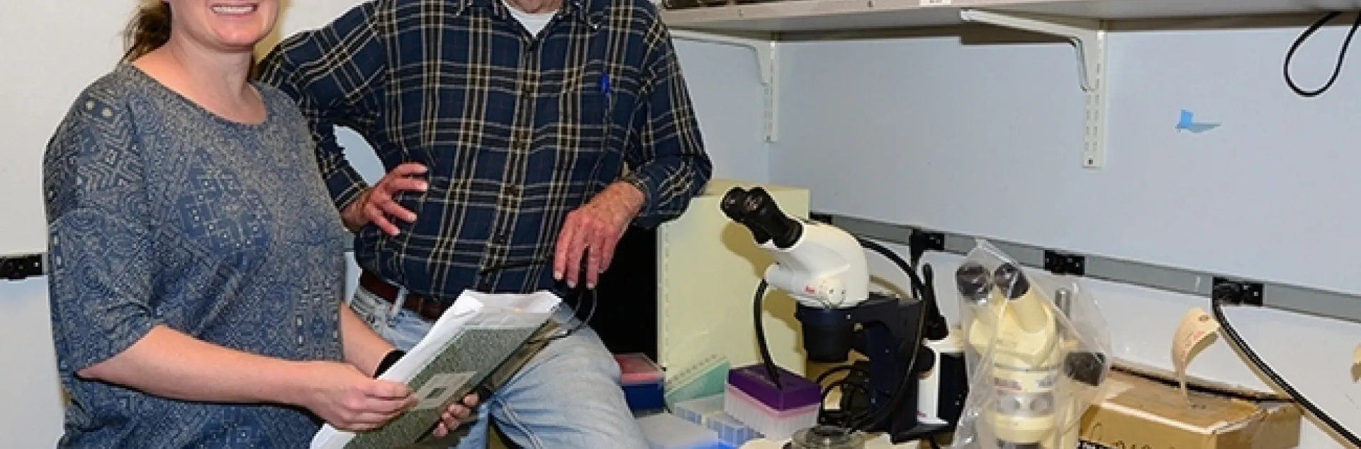 UC Davis distinguished professor Bruce Hammock, founder and CEO of EicOsis, with UC Davis doctoral candidate and EicOsis project manager Cindy McReynolds. (Photo by Kathy Keatley Garvey)
