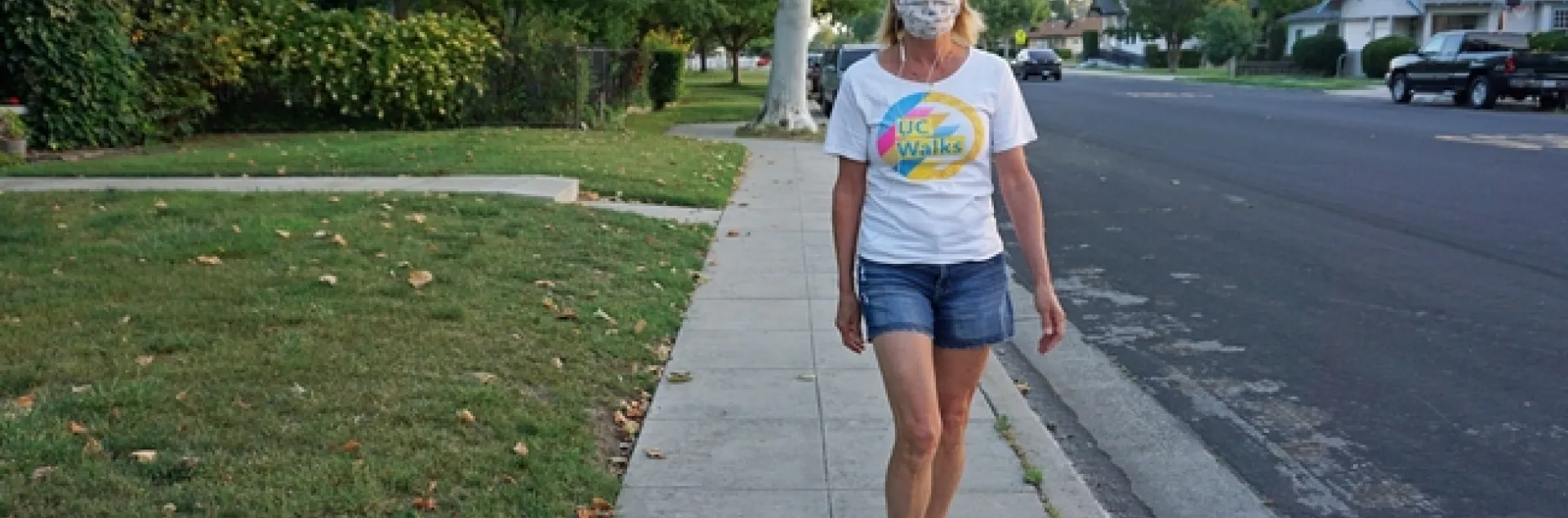 Jeannette Warnert walks wearing a homemade face mask. UC Walks is May 6. Post your UC Walks photos on social media with #UCANRmoves and #ucwalks.