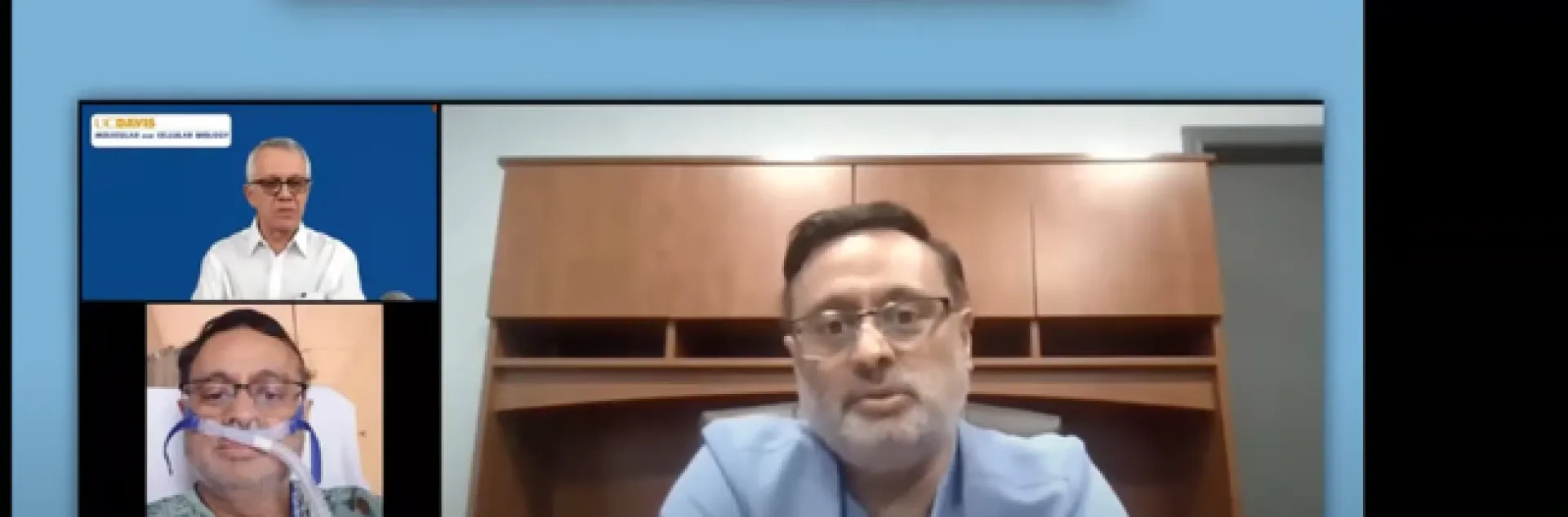 A screen shot of Riverside pulmonary specialist Anoop Maheshwari, relating his story about his near-death experience as a COVID-19 patient. In the background is organizer-moderator Walter Leal, UC Davis distinguished professor.