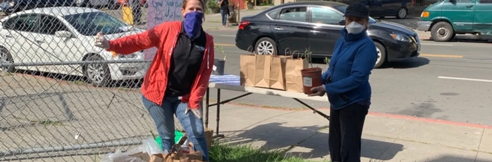 Haley Kerr, left, and Yolanda Silva of CalFresh Healthy Living, UC, gave away tomato plants donated by UC Master Gardeners of Contra Costa County to families of schoolchildren in Alameda County. The joint project is mentioned in the May UCnetwork.