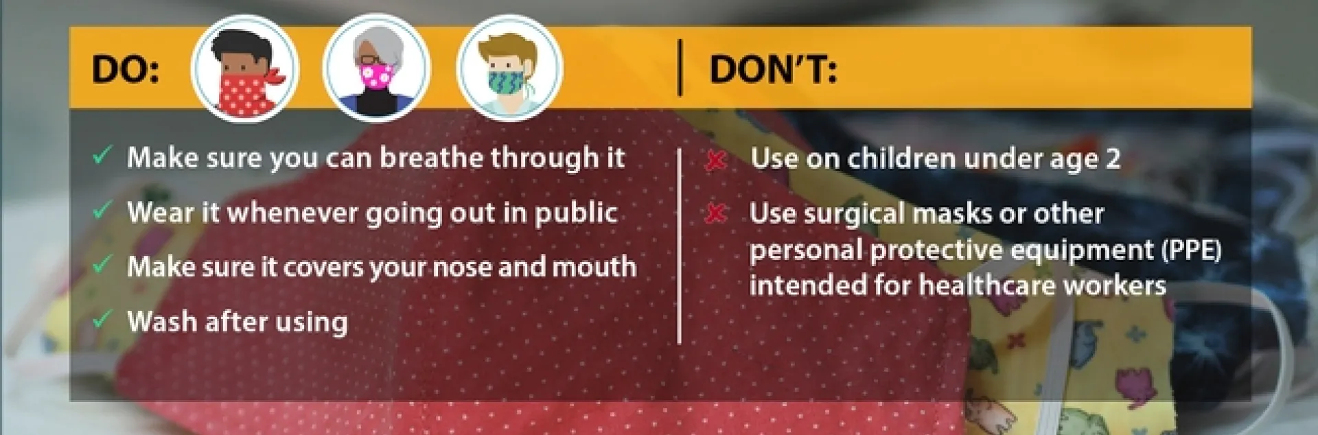 During Stage 2 of reopening, UC ANR guidelines call for wearing face coverings (cloth or paper masks, cloth bandanas, etc.) when six feet of separation between people cannot be maintained.