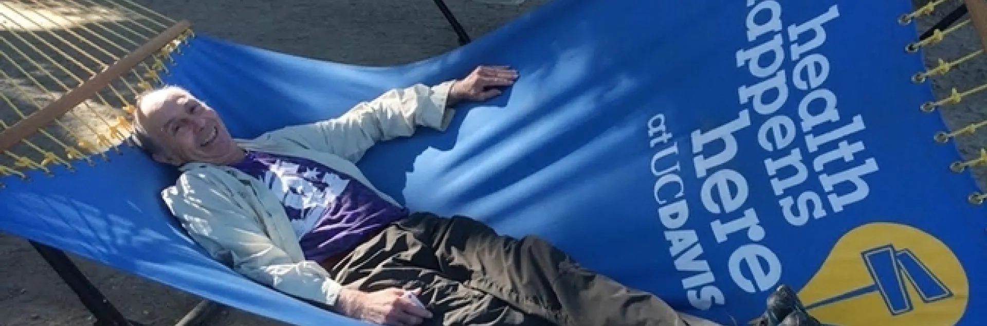 UC Davis distinguished professor Bruce Hammock "rests" in a hammock on the UC Davis campus. The occasion: the Hammock lab scientists were walking across campus (before the coronoavirus pandemic precautions). (Photo by Cindy McReynolds)