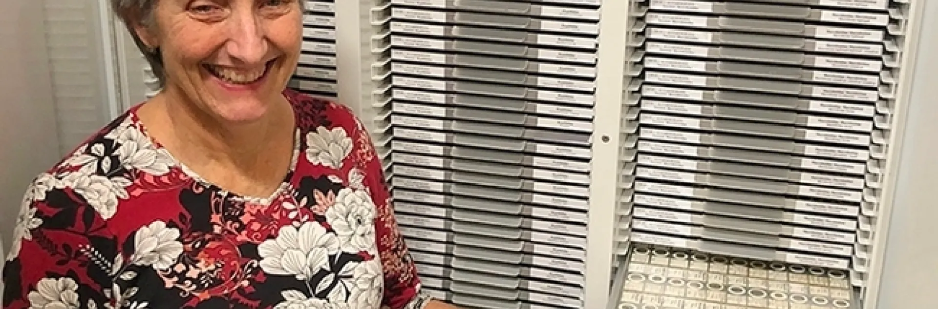 Lynn Kimsey, director of the Bohart Museum of Entomology, with some of the museum's tardigrade collection. (Photo by Kathy Keatley Garvey)