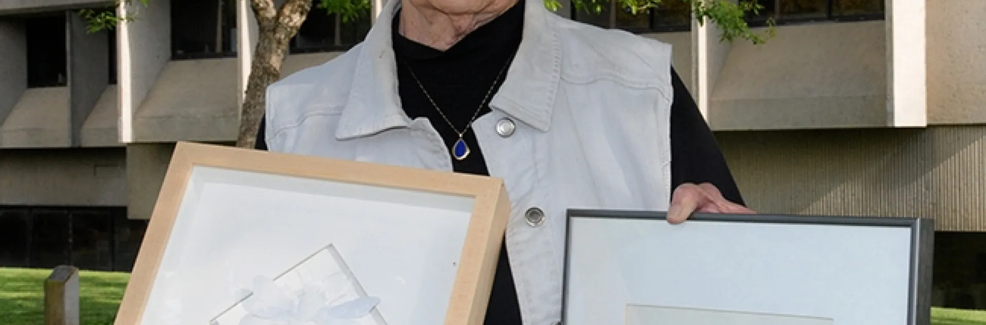 Davis artist Marilyn Judson displays some of her work. She died at age 91 on July 7. (Photo by Kathy Keatley Garvey)