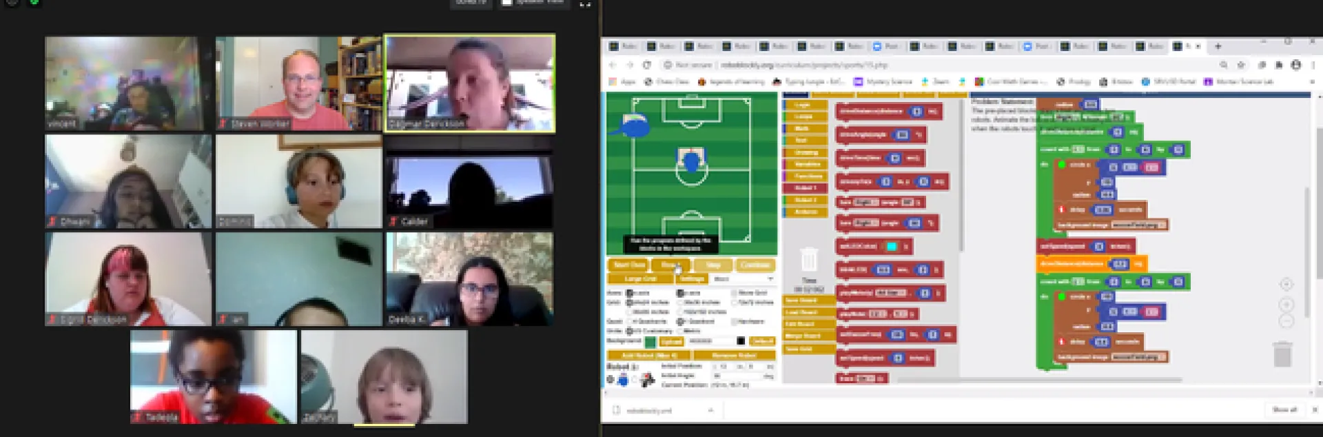 Zoom mosaic screen shot next to screen shot of programming on robockly.org