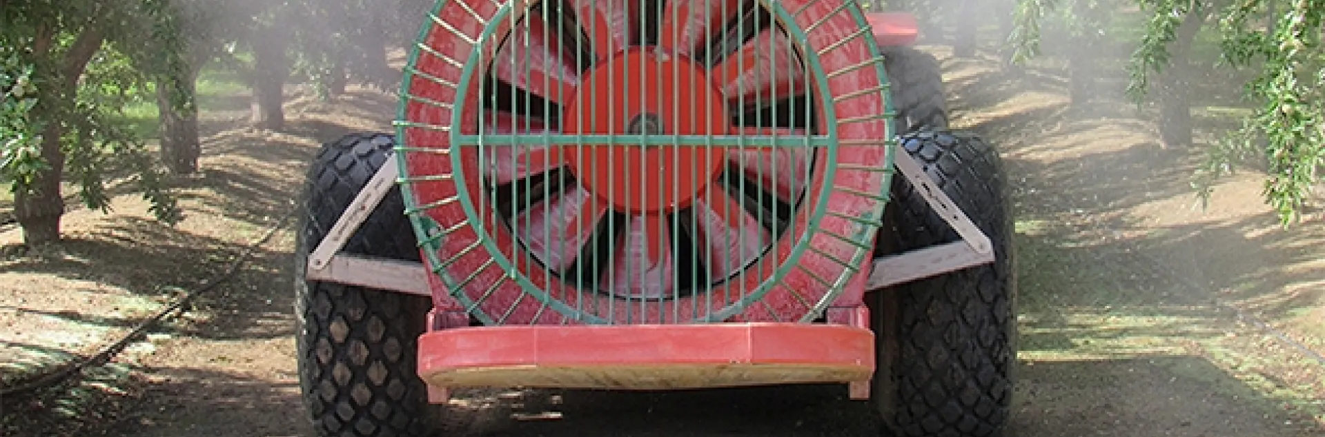 Back of air blast sprayer shown spraying between the rows of a walnut orchard.