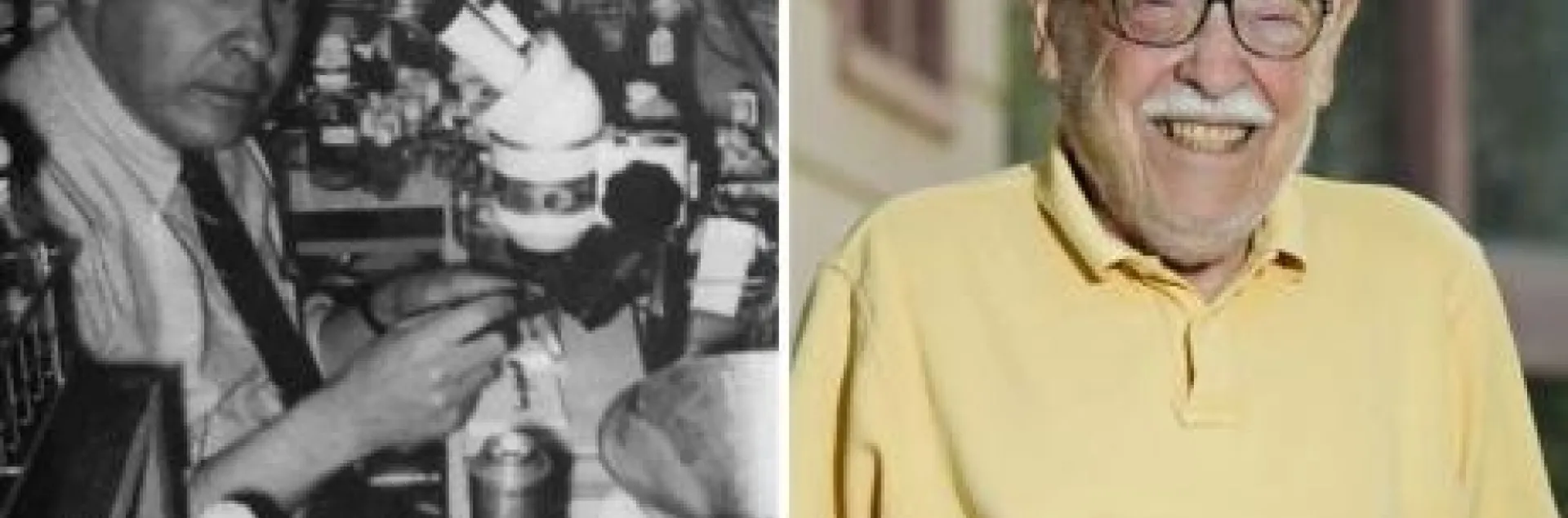 UC Davis geneticist Mel Green in his lab in 1967, and outside the future Green Hall, 2011. (UC Davis photos)