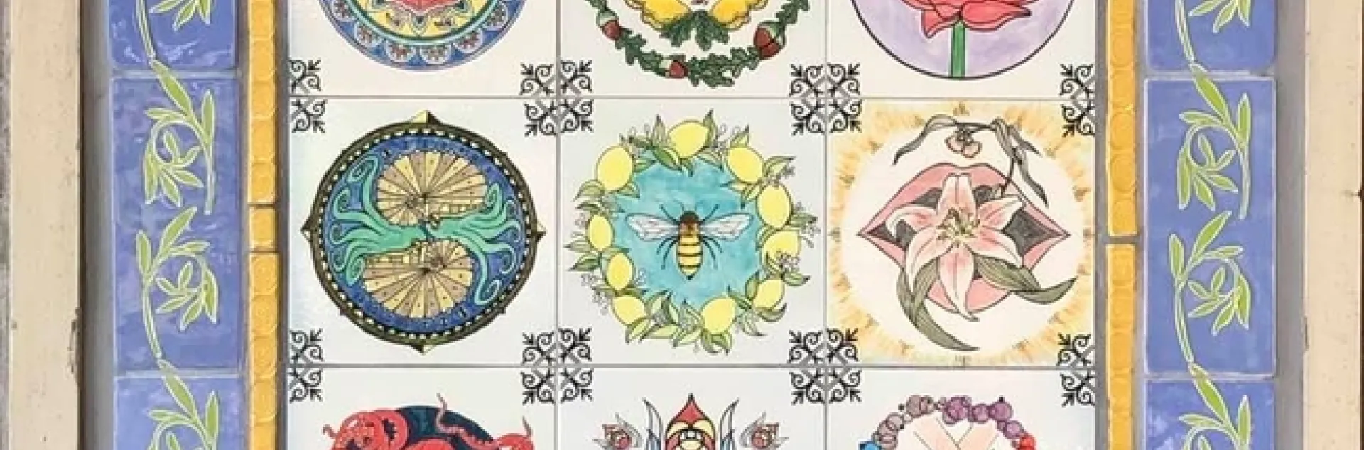 This is the mural newly installed in the hallway of the the UC Davis Environmental Horticulture Building. The tiles are the work of top (from left) Heewon Shin, Diane Ullman, and Mai Xiong; center (from left) Jason Hu, Emma Stone, and Analiese Ignacio, and bottom (from left) Anushka Vispute, Gale Okumura, and Leslie Briceno-Marquez.