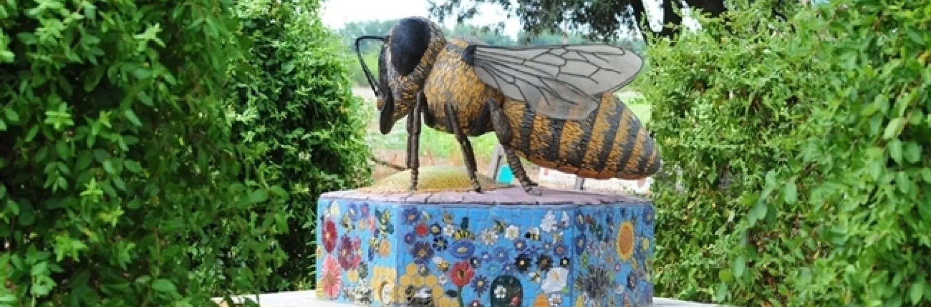 This sculpture of a worker bee anchors the UC Davis Department of Entomology and Nematology's Häagen-Dazs Honey Bee Haven. Titled "Miss Bee Haven," it is by Donna Billick of Davis. (Photo by Kathy Keatley Garvey)