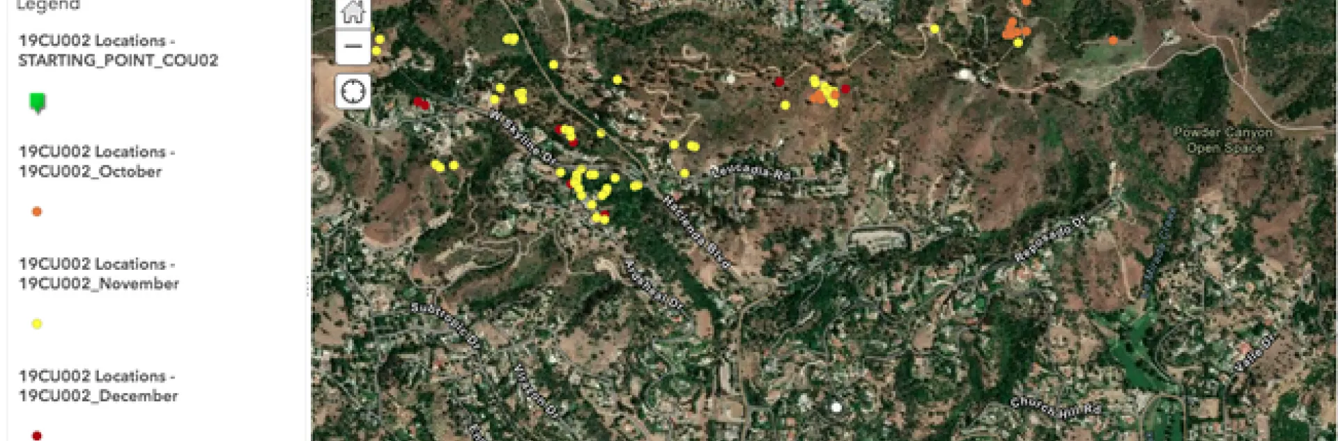 Informatics and GIS online training will teach you how to create maps from data using ArcGIS tools. This map shows the location of Niamh Quinn's collared coyotes.