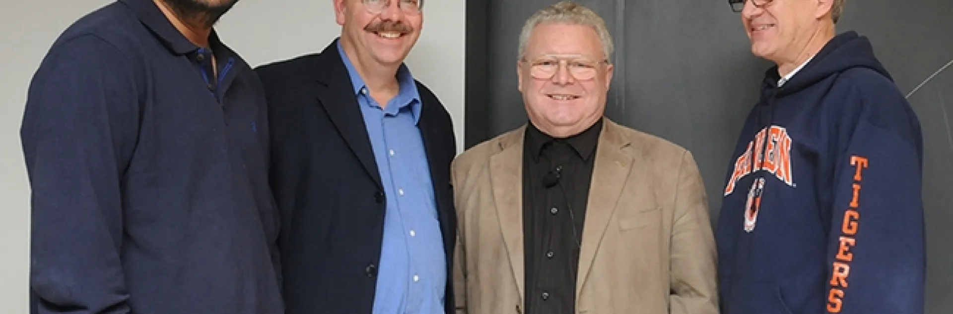Renowned organic chemist Wittko Francke met with UC Davis researchers following his Dec. 8, 2010 presentation. From left are chemical ecologist Zain Syed of the Walter Leal lab; chemical ecologist and forest entomologist Steve Seybold (1959-2019) of the USDA Forest Service, Pacific Southwest Research Station, and the UC Davis Department of Entomology and Nematology; and UC Davis chemical ecologist Walter Leal. (Photo by Kathy Keatley Garvey)