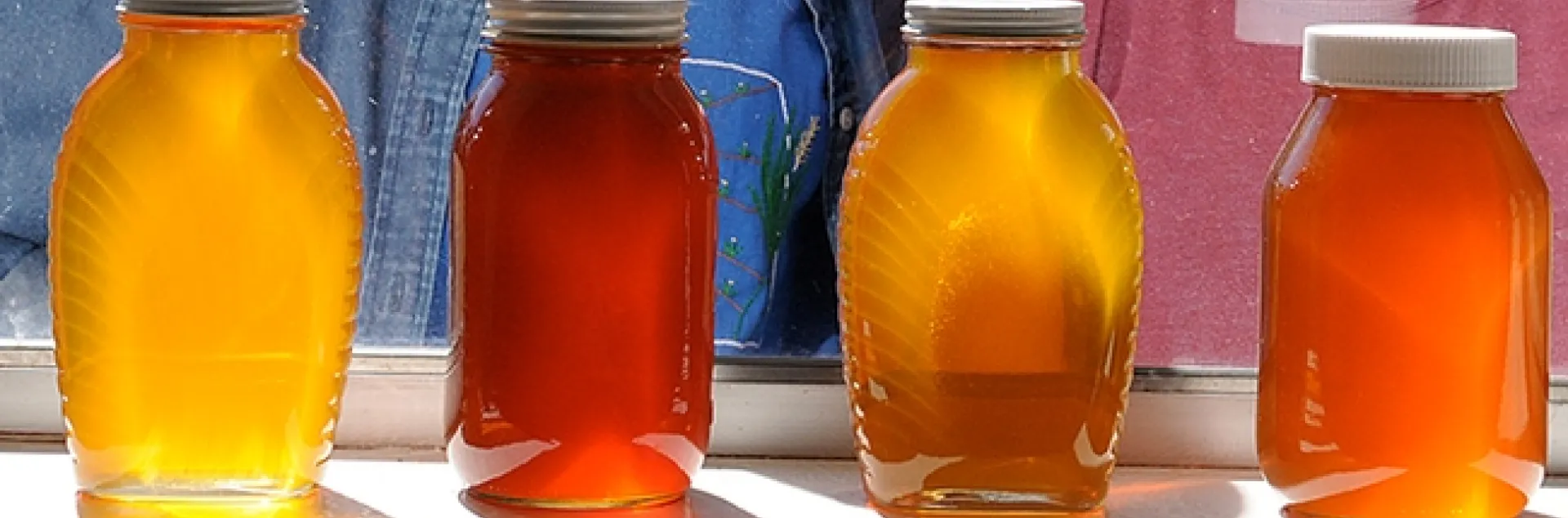 A row of honey jars. (Photo by Kathy Keatley Garvey)