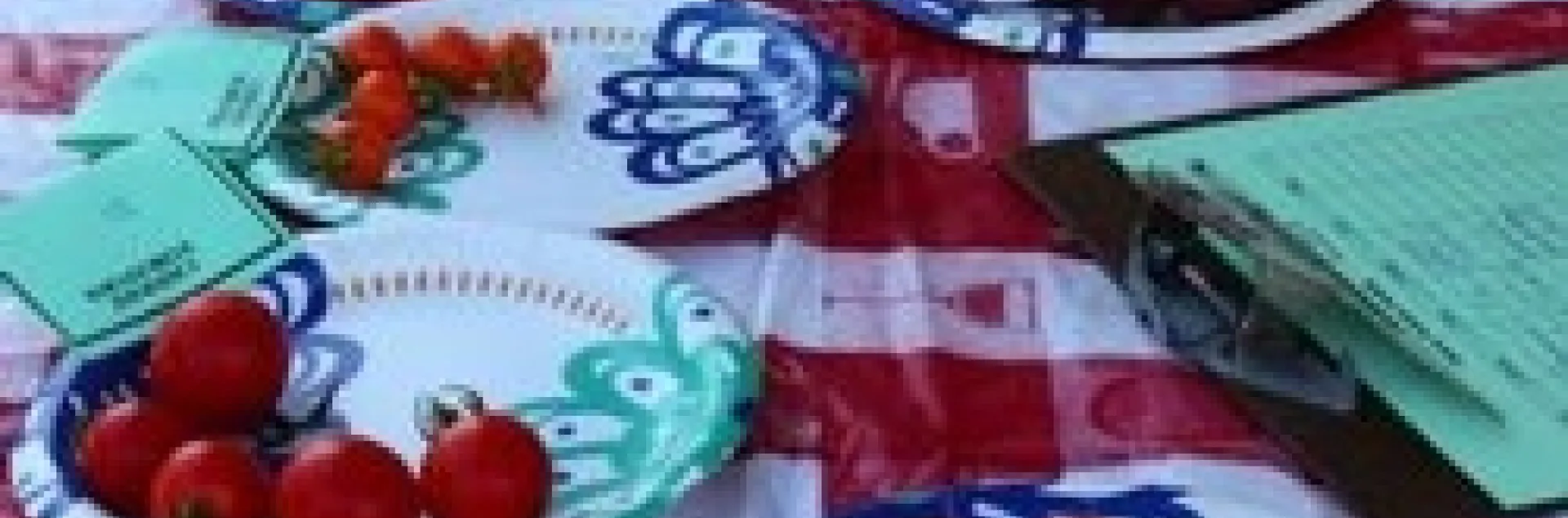 A red and white checkered tablecloth with plates of tomatoes laid out for tasting. (T. Celio)