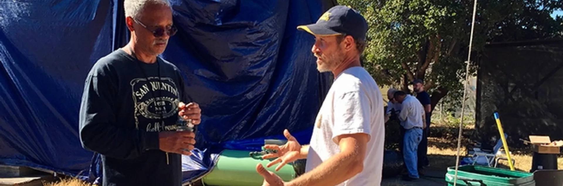 In this image, taken in October 2018, consultant and mentor Vernard Lewis (left), confers with Andrew Sutherland, UC integrated pest management advisor for Bay Area counties, about the Villa Termiti at the UC Berkeley Field Station. Sutherland, who holds a doctorate in entomology from UC Davis, was recently awarded state funding to remodel the Villa for future training of pest management professionals in the state. (UC ANR Photo by Pam Kan-Rice)